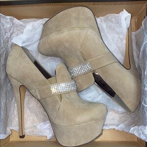Tan Stiletto Platform Heels with Rhinestone Strap